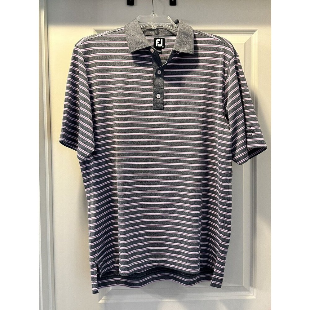 FootJoy Polo Shirt Mens XL Gray Pink‎ Stripe Golf Short Sleeve Stretch Logo*